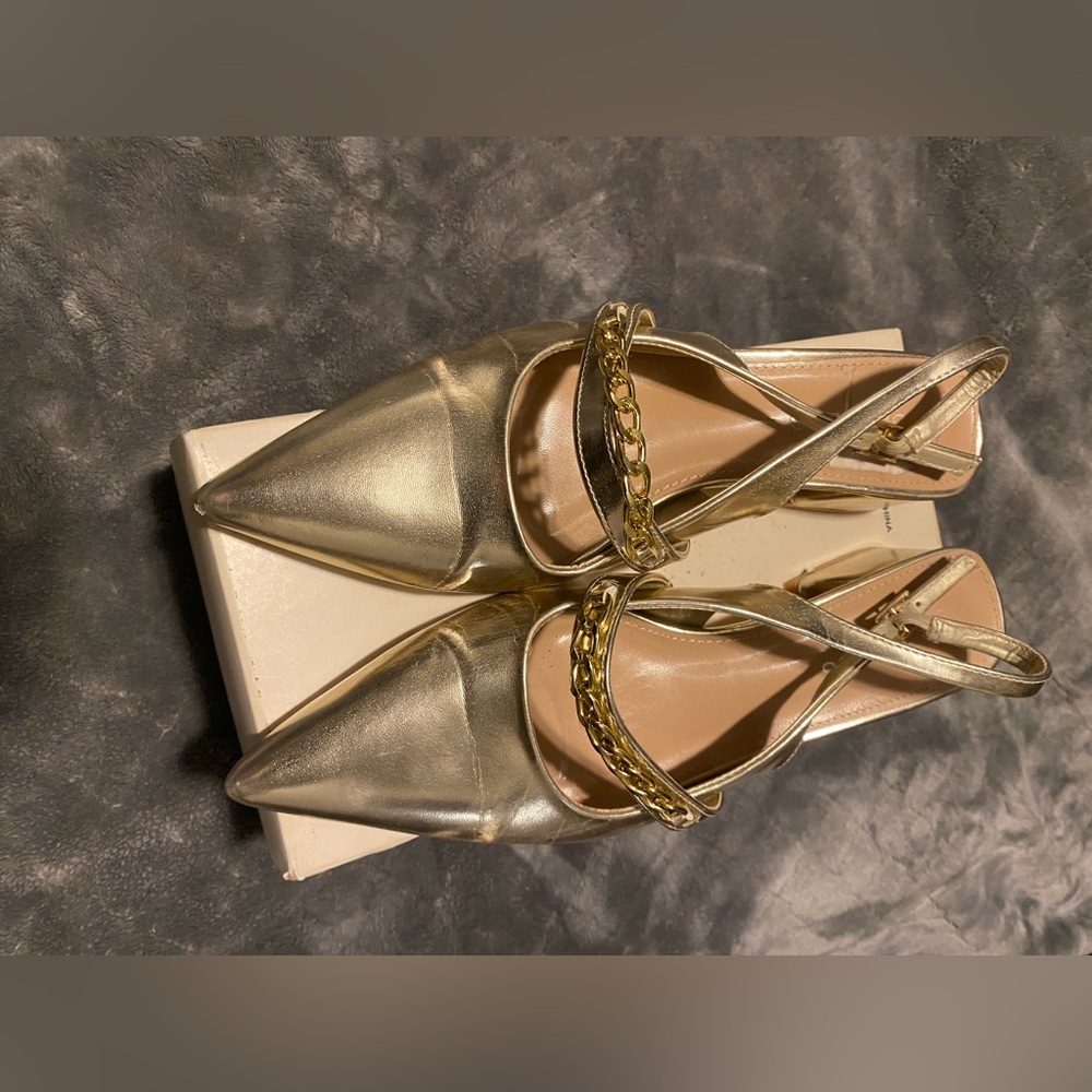 Metallic Gold Pointed-Toe Slingback Flats with Chain Detail